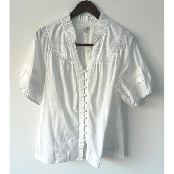 Odille White Cotton Ruffled V-Neck Button Front Short Sleeve Tunic Top Size 14 - Picture 1 of 9
